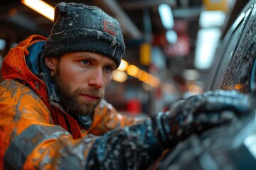 A mechanic with a cap intently works on a vehicle’s parts, showcasing dedication and expertise in a workshop