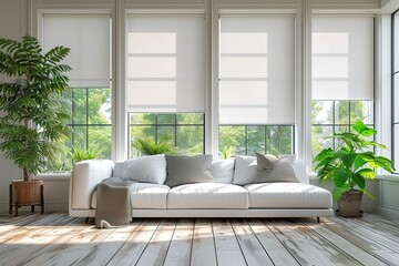 Interior roller blinds are installed in the living room, featuring white colored roller shades on the windows. Within the same room, there are also a houseplant and a sofa present. - obrazy, fototapety, plakaty