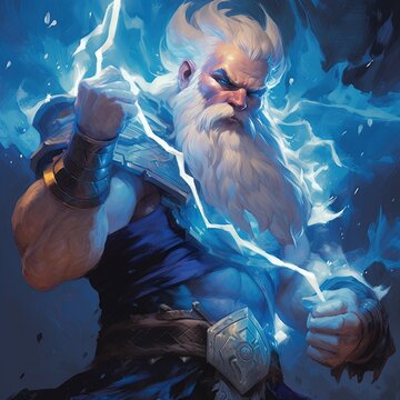 White Beard Muscular Man With Blue Lightning Game Character 