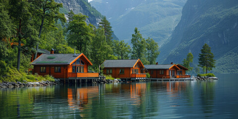 An idyllic village surrounded by mountains, its beauty reflected in the tranquil lake. - obrazy, fototapety, plakaty
