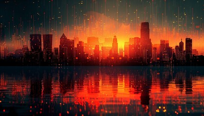 Technological Background: Lights, Beams, Code, Line Charts, and More