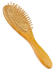 Eco friendly Bamboo Paddle Hair Brush from side isolated clipping path On White Background.