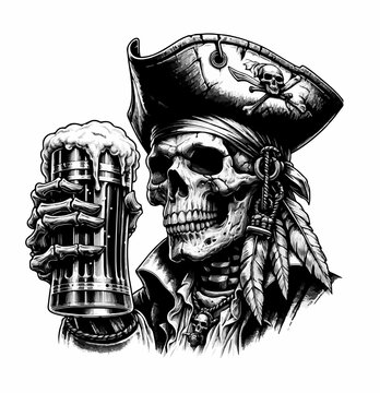 scheletro pirata con boccale di birra. Generative AI