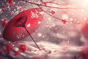 Snow scene under red umbrella and cherry blossom tree