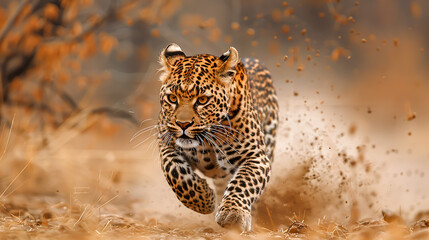 Leopard in Full Motion, Hunting its Prey in the African Savannah