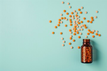 Bottle and scattered pills on a light blue background with copy space.