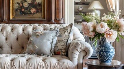 Colonial Mansions Elegant Living Room with Tufted Chesterfield Sofa and Fresh Peonies - obrazy, fototapety, plakaty
