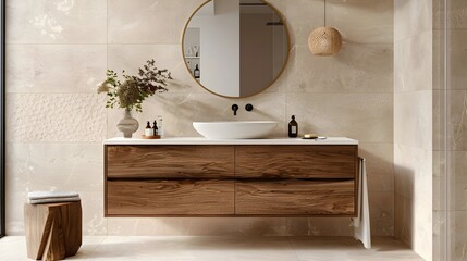 Calming Bathroom Design with Floating Wooden Vanity and Hoop Wall Mirror Integrating Modern Technology