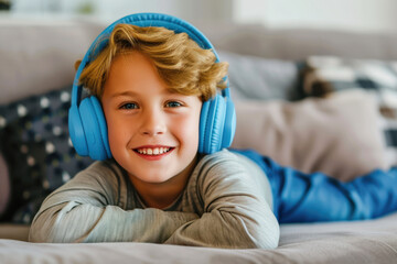 Smiling Young Boy Enjoying Music with Blue Wireless Headphones - obrazy, fototapety, plakaty