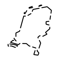 Netherlands country simplified map. Black broken outline contour on white background. Simple vector icon