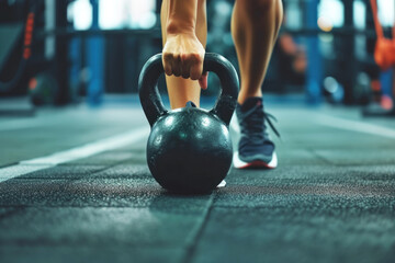 Young woman working out with kettlebells at fitness gym