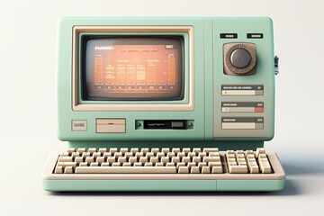 Vintage retro computer system with keyboard and monitor on white background for sale