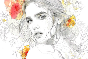 Line art portrait of young beautiful woman with flowers.