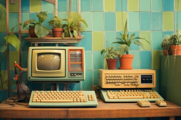 Vintage computer system, retro pc technology, old office equipment for sale - collectors dream - obrazy, fototapety, plakaty