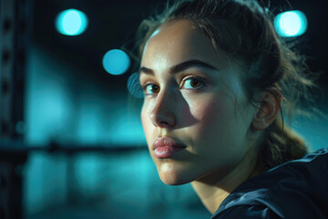 Determined Female Athlete with Focused Gaze Ready for Nighttime Training Session at Gym - obrazy, fototapety, plakaty