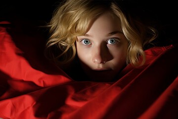 Young girl hiding under bed covers, feeling scared and anxious in the dark, fear and anxiety concept - obrazy, fototapety, plakaty