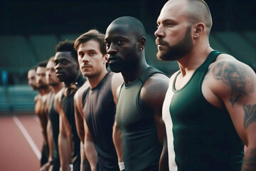 Obraz premium Group International athletes on running track at stadium at start of race competition.