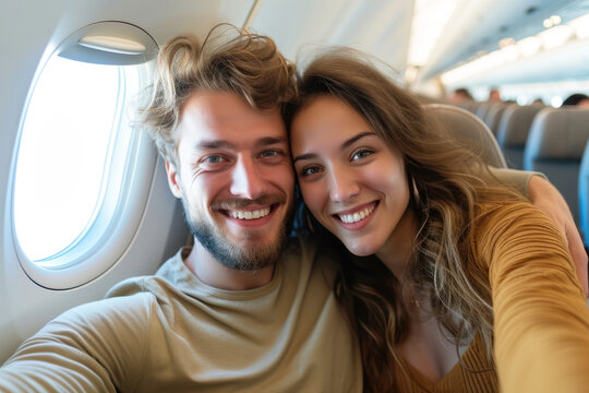 Happy Couple Taking a Selfie Together on an Airplane, Vacation and Travel Concept