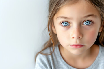 Fototapeta premium Little Girl with Tearful Eyes and Pained Expression on White Background, Emotion Concept
