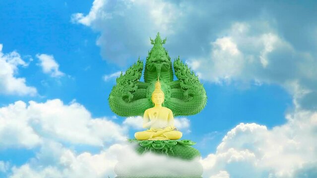 gold buddha protected by the hood of the green mythical king naga with blue sky white cloud time lapse