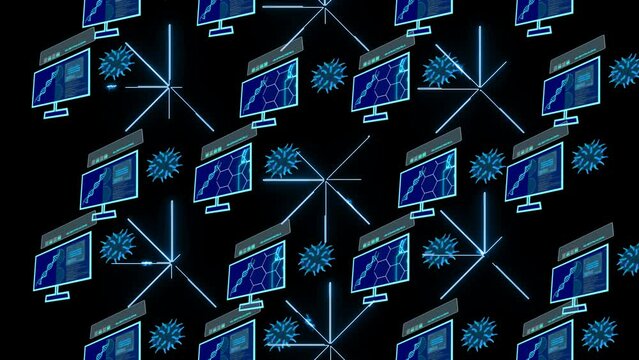 peer to peer network connection simulation of virus covid 19 on monitor digital technology to reseach vaccine about mutation