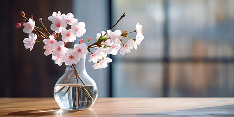 flowers in a vase on a wooden table, A vase with a flower in it that says cherry blossom, A vase with flowers in it that is white, A vase with flowers in it that is white Generative ai