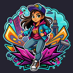  Illustrate a sticker of a trendsetting girl striking a dynamic pose amidst a graffiti-filled urban landscape, capturing the essence of street style for t-shirt embellishments