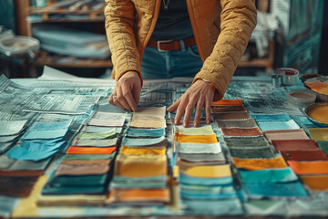 Designer analyzing color palettes and textures. Close-up photography. Design for interior planning, material selection, and construction strategy concept	
