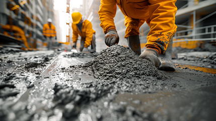 silhouette construction worker Concrete pouring during commercial concreting floors of building in construction site and Civil Engineer or Construction engineer inspect work. - obrazy, fototapety, plakaty