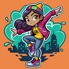  Illustrate a sticker of a trendsetting girl striking a dynamic pose amidst a graffiti-filled urban landscape, capturing the essence of street style for t-shirt embellishments