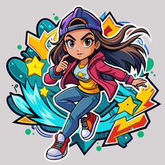  Illustrate a sticker of a trendsetting girl striking a dynamic pose amidst a graffiti-filled urban landscape, capturing the essence of street style for t-shirt embellishments