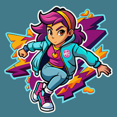  Illustrate a sticker of a trendsetting girl striking a dynamic pose amidst a graffiti-filled urban landscape, capturing the essence of street style for t-shirt embellishments