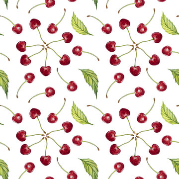 Watercolor illustration of a seamless pattern with a berry cherry and leaves on a white background. Endless repeating print background. For fabric, textiles, clothing, prints, wallpaper, posters.