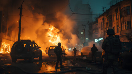 documentary photo of revolutionary riots and protests. burning building and cars in the city. special force police with equipment catching protesters in the night