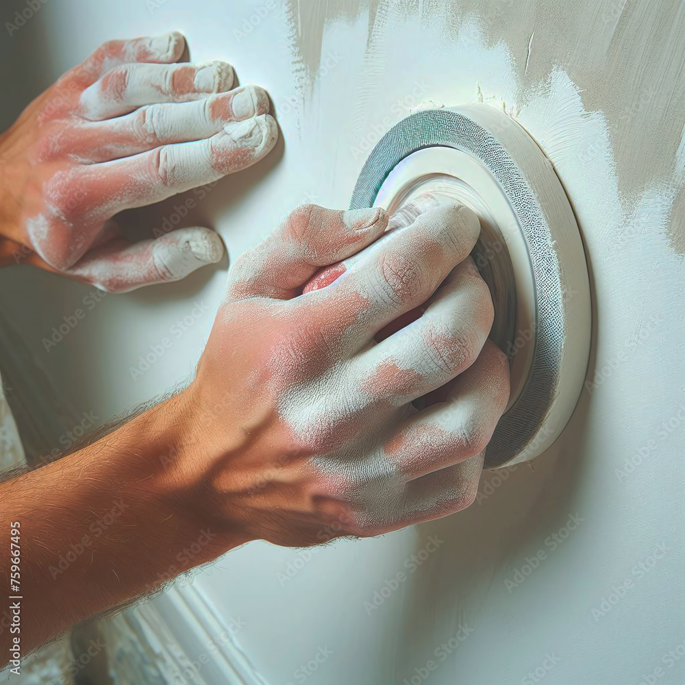 Poster closeup of worker installing a light switch on a wall in a room