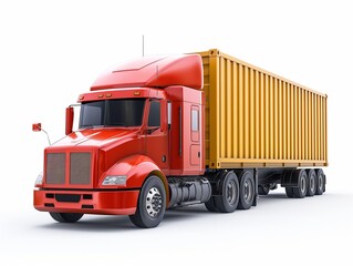 American red cargo truck with yellow container on white background moving right to left isolated on white background