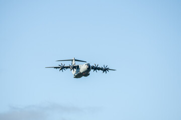 RAF Royal Air Force Airbus A400M Atlas military transport plane on a cargo parachute drop run over...