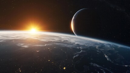 Planet Earth with a sunrise and the moon in space - Powered by Adobe