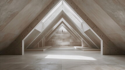 Obraz premium Frontal view of a modern attic with empty walls