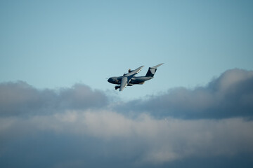 RAF Royal Air Force Airbus A400M Atlas military transport plane on a cargo parachute drop run over...