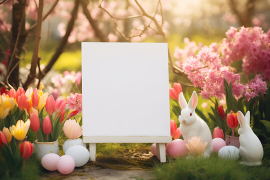 Empty white board in spring garden with flowers, Easter eggs, bunny