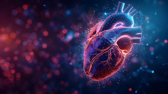 abstract background made of geometric colorful transparent pixels forming a human heart. Health, technology, artificial intelligence, cardiology, cardiovascular diseases concept