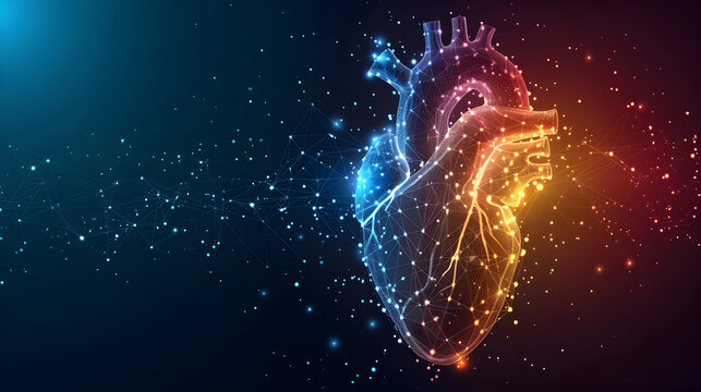 abstract background made of geometric colorful transparent pixels forming a human heart. Health, technology, artificial intelligence, cardiology, cardiovascular diseases concept