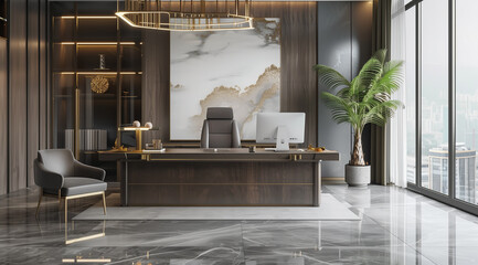 A modern and luxurious office interior boasts sleek designs with a stunning city