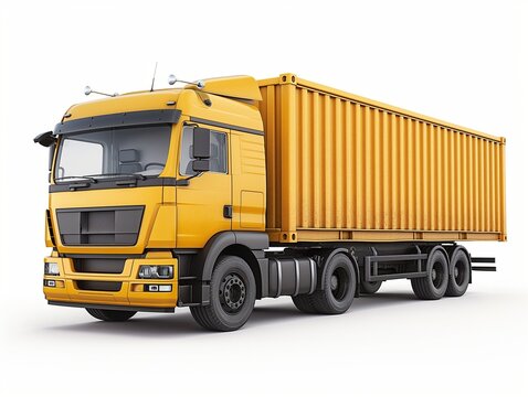 Yellow cargo truck with container on white background moving right to left isolated on white background