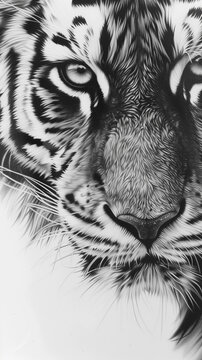 Intense close-up of a tiger's face in monochrome