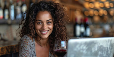 A gorgeous, elegant woman smiles in a cozy restaurant, enjoying wine and using a laptop.