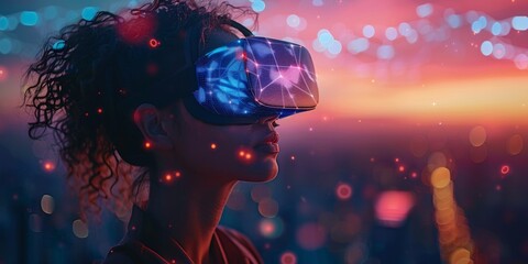 In cyberspace, an alluring woman with virtual reality glasses explores futuristic digital innovation. - obrazy, fototapety, plakaty