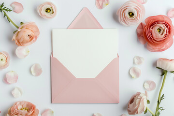 a blank white wedding invitation card accompanied by pink flowers and an