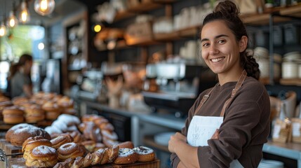 A female baker and entrepreneur, the owner of a startup small business, is pictured at the counter of her bakery - obrazy, fototapety, plakaty